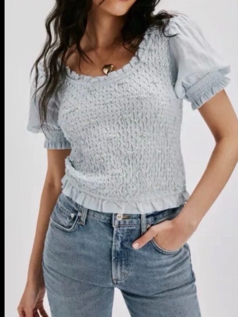 Free People Light Blue Smocked Puff-Sleeve Crop Top